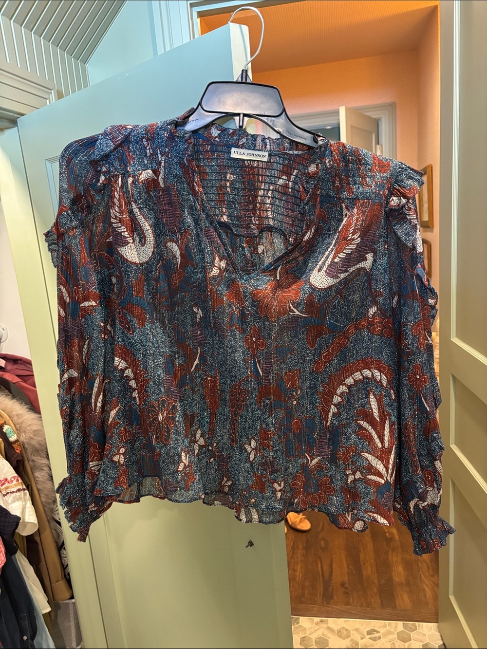 Ulla Johnson Blue and Rust Paisley-Print Ruffled V-Neck Blouse